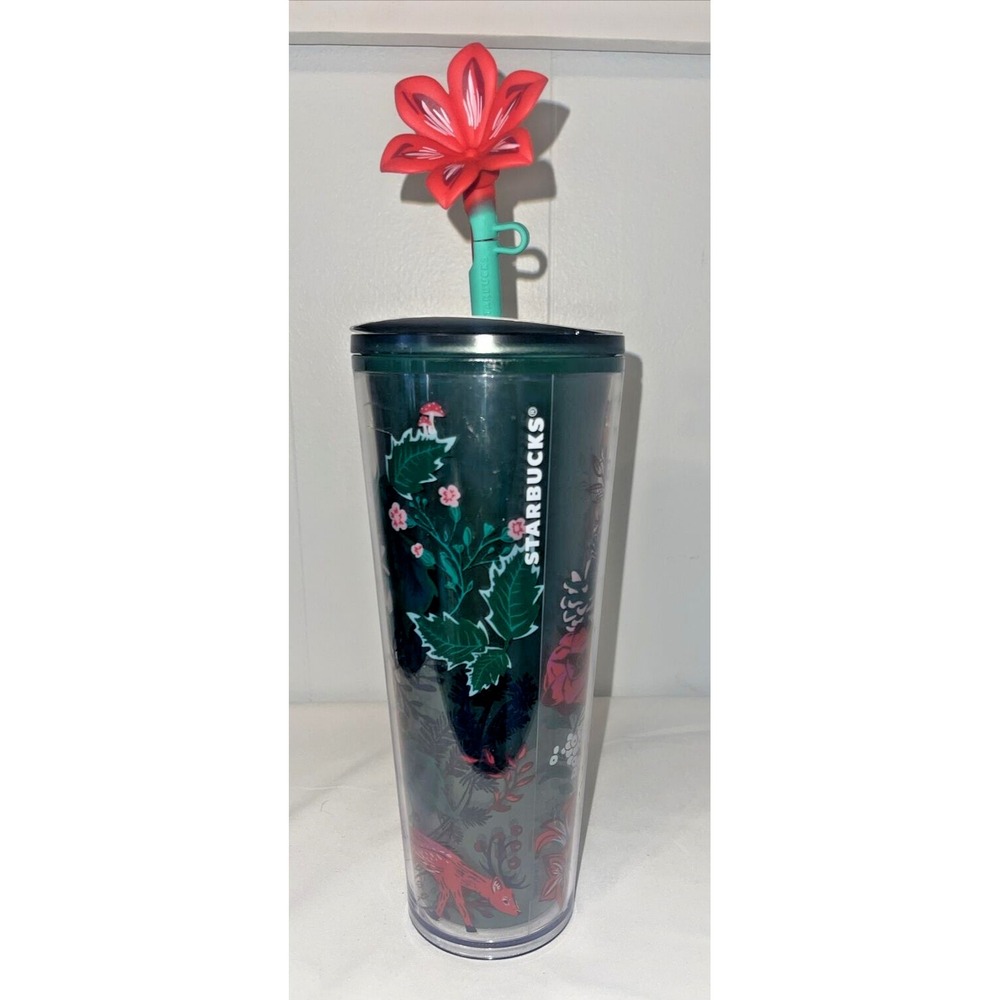 Starbucks Christmas‎ Tumbler Woodland Berry Venti/24 oz. w/ Flower Straw Topper